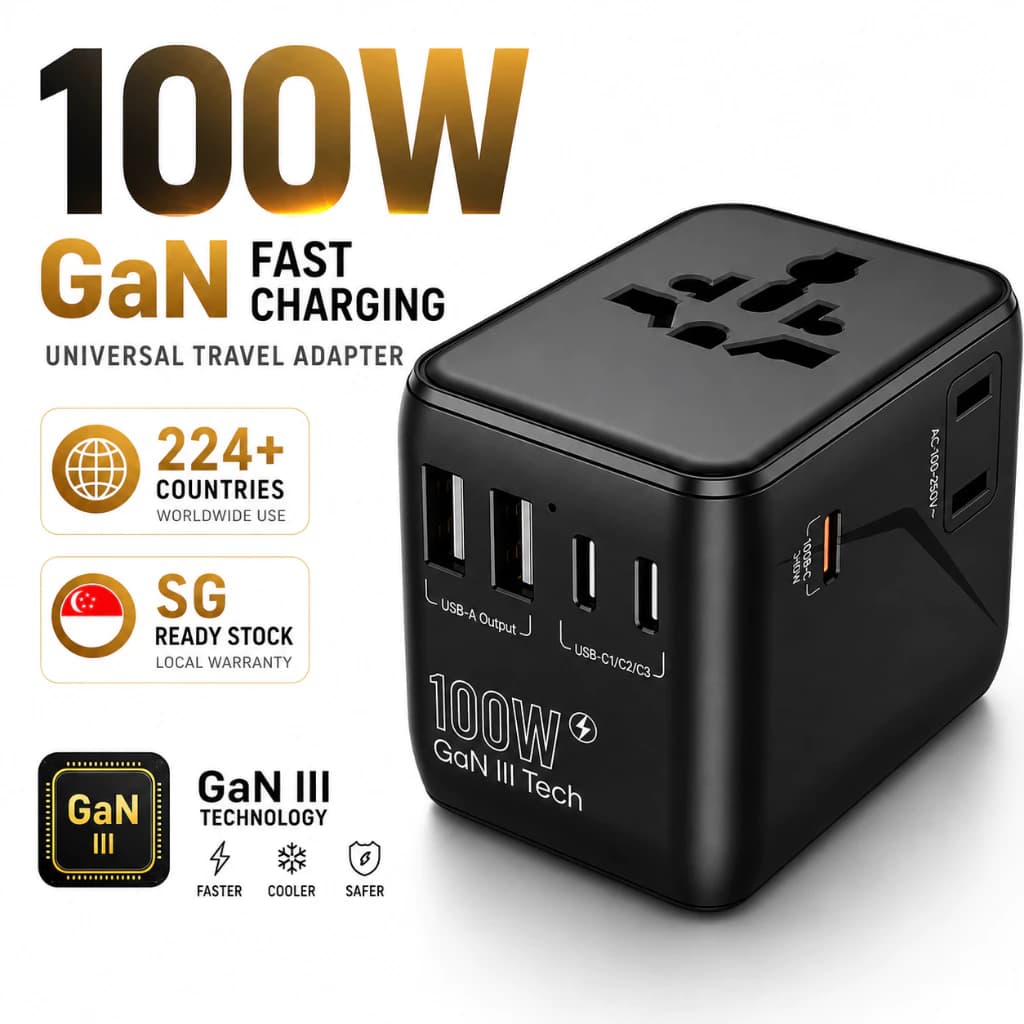 Universal Travel Adapter International Plug Set 100W (Black)