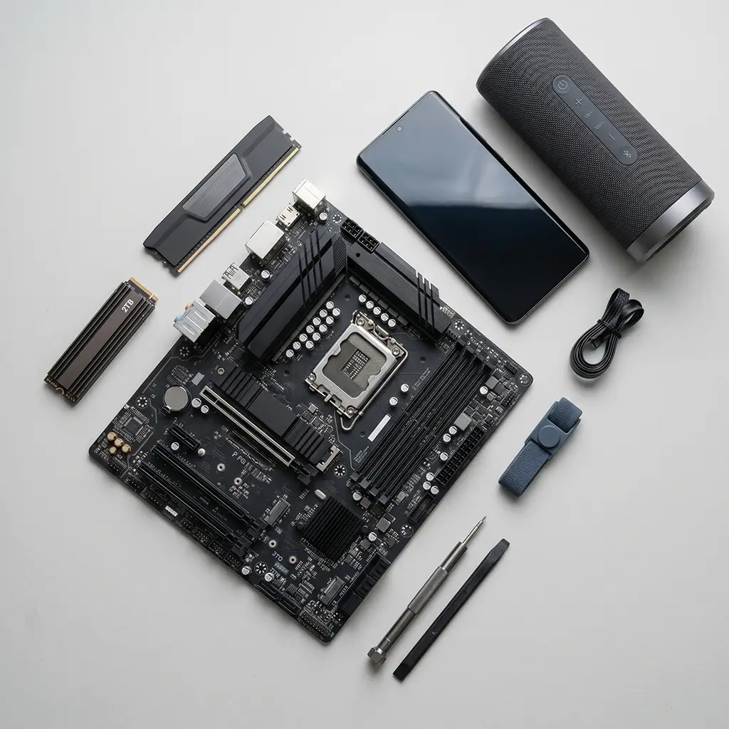 Computer parts, a phone, a speaker and tools on a table