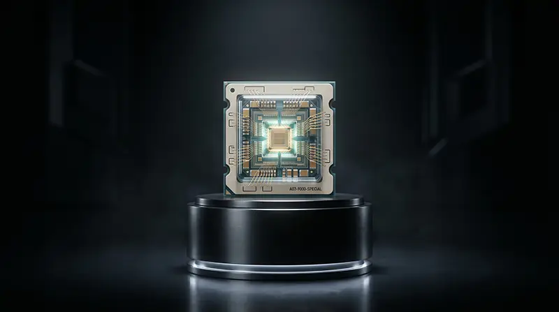 A computer chip on a stand