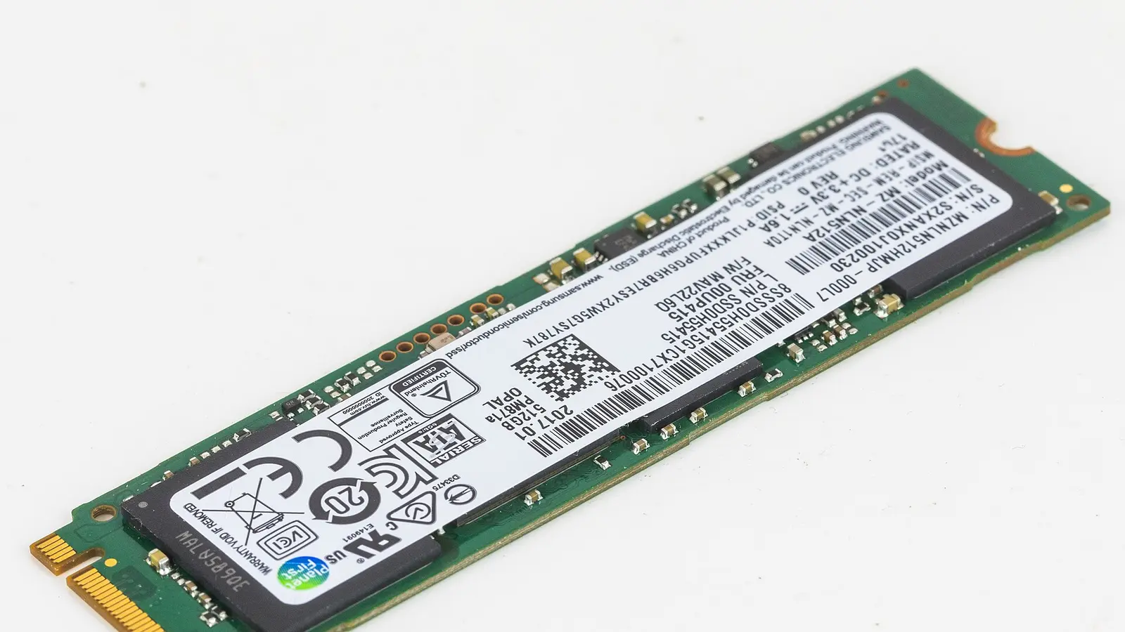 M.2 SSD circuit board with gold connector and mounting notch